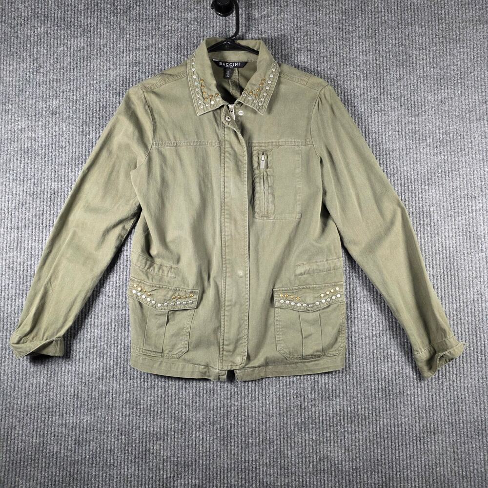 Baccini Olive Green Utility Jacket Studded Military Zip Snap Womens S